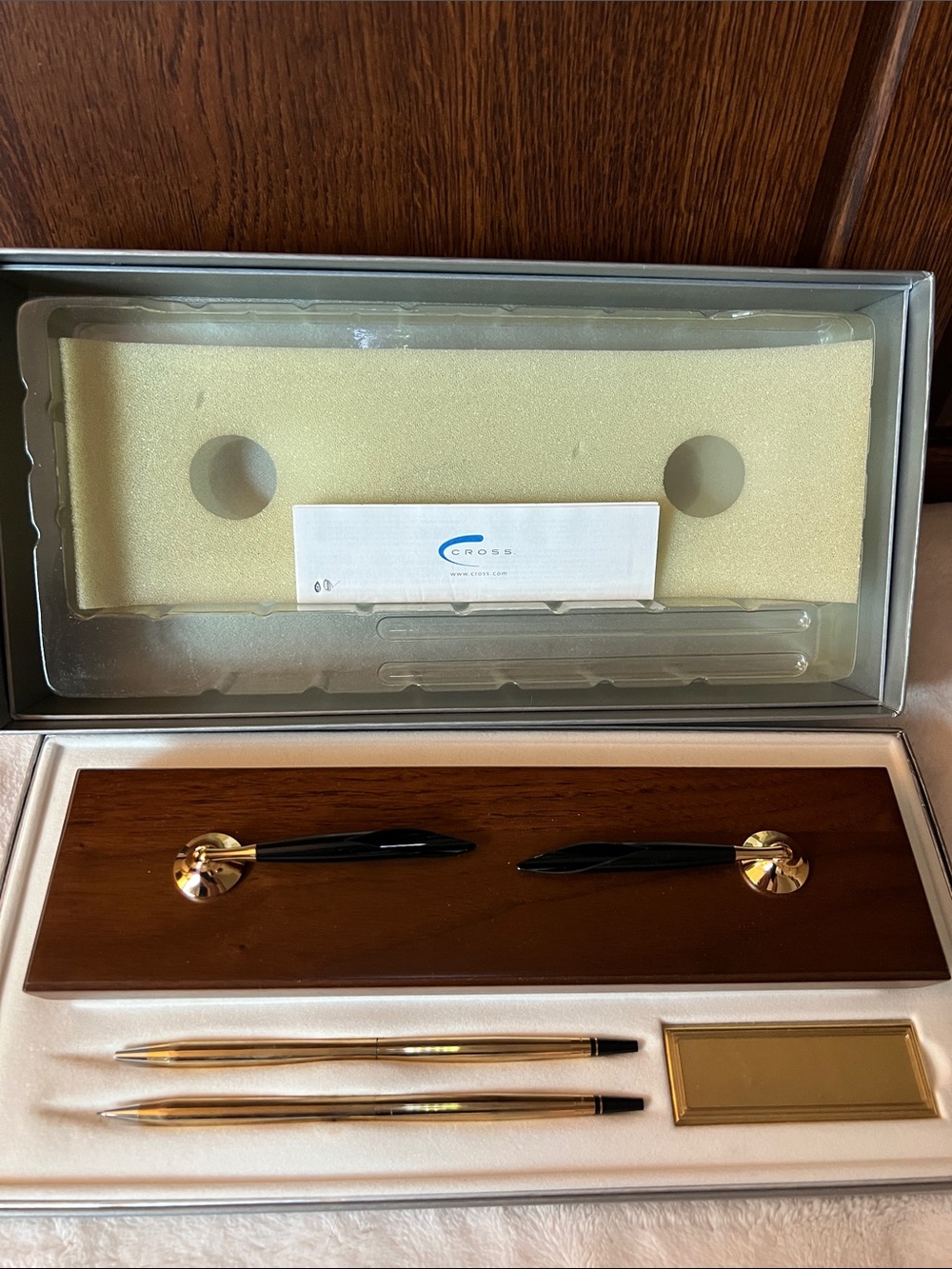 Vintage CROSS 10k Gold Filled Pen/Pencil Walnut Base Desk Set /Engravable Plate